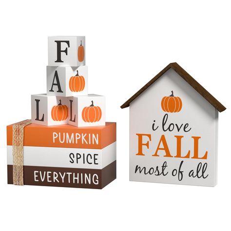 PRICES MAY VARY. 8 Pcs Wooden Signs - 4 Pcs little dice with 2 sides patterns, 3-in-1 books, a fall house and a linen ribbon. All these lovely and interesting wooden signs will accompany you on a happy fall! Quality Material - All table signs with clear printings and bright colors, made of quality wooden material, thick and sturdy, can be used for a long time. Proper Size - Each dice is 1.18x1.18", the book is 3.94x2.24x2.37", the house is 3.54x4.72". They can be displayed well anywhere. Great G Fall Wooden Signs, Halloween Solar Lights, Kitchen Decor Fall, Fall Tray Decor, Woodworking Decor, Halloween Lighting Outdoor, Fall Tray, Halloween Window Clings, Deco Halloween