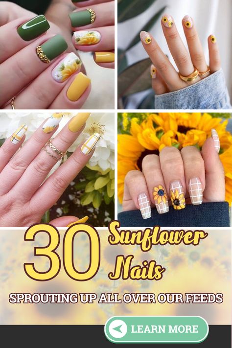 Sunflower Nails Easy Sunflower Nail Art, Yellow Short Nails Design, Sunflower Fall Nails, Fall Sunflower Nails, Sunflower Nails Design, Yellow Nail Ideas, Gloomy Winter, Sunflower Nail, Sunflower Nail Art