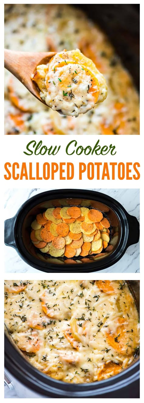 Save oven space with creamy, CHEESY Slow Cooker Scalloped Potatoes! Easy crockpot recipe that combines regular potatoes and sweet potatoes for the BEST flavor. #sidedish #potatoes #recipe #crockpot #slowcooker Potatoes And Sweet Potatoes, Scalloped Potatoes Crockpot, Slow Cooker Scalloped Potatoes, Scalloped Potatoes Easy, Potatoes Easy, Scalloped Potatoes, Crock Pot Slow Cooker, Crock Pot Cooking, Potato Dishes