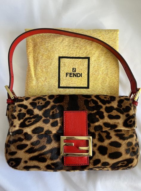 Chic Leopard Print Shoulder Bag, Luxury Leopard Print Shoulder Bag With Leather Handles, Luxury Leopard Print Bag With Leather Handles, Luxury Leopard Print Shoulder Bag, Luxury Leopard Print Rectangular Bag, Vintage Designer Bags, Accessory Inspo, Dream Bags, Fendi Baguette