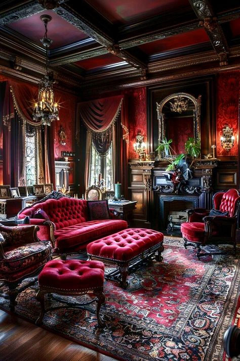 Gothic Living Room Ideas, Modern Victorian Interior Design, Dark Maximalism, Gothic Home Decor Ideas, Modern Victorian Interiors, Gothic Living Room, Western Gothic, Victorian Interior Design, Victorian Interior