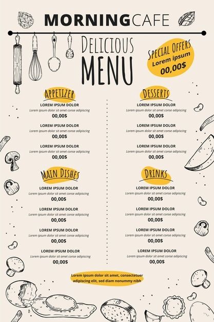 Morning cafe delicious menu template | Free Vector #Freepik #freevector #food #menu #coffee #design Menu Format, Menu Design Layout, Menu Sans Gluten, Menu Design Inspiration, Cafe Menu Design, Coffee Shop Menu, Italian Menu, Menue Design, Menu Flyer