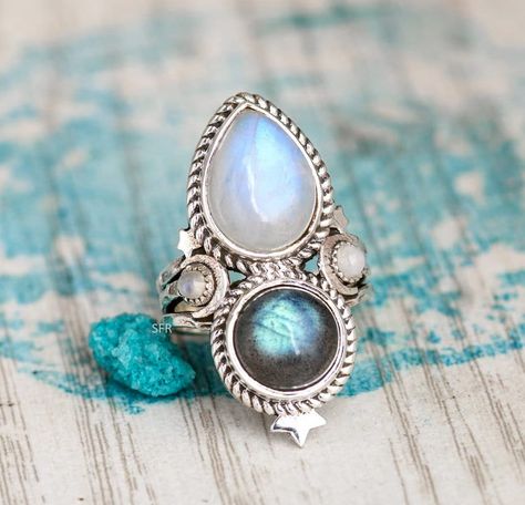 Colored Stone Rings, Moonstone Ring Sterling Silver, Blue Stone Ring, Moonstone Crystal, Celestial Jewelry, Labradorite Ring, Men's Jewelry Rings, Crystal Rings, Geometric Patterns