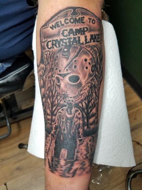 Friday the 13th Jason Vorhees Jason Vorhees tattoo Horror movie tattoo Jason Vorhees Tattoo, Friday 13 Tattoo Ideas, Jason Tattoo, Friday The 13th Tattoo, Horror Movie Tattoos, Friday The 13th Jason, Jason Vorhees, 13 Tattoos, Movie Tattoo