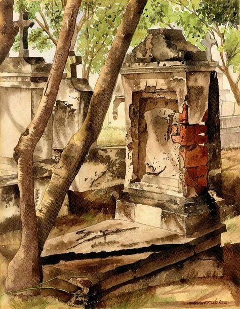 Cemetery Painting Easy, Graveyard Watercolor Painting, Cemetery Paintings, Cemetery Watercolor, Cemetery Drawing, Cemetery Illustration, Cemetery Painting, Grafic Novel, Urban Illustration