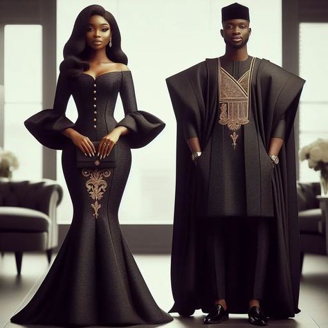 Black and Gold is a sweet combo 🤭🖤 Crochet Halloween Costume, Couples Fashion, Fashion Sketching, Nigerian Fashion, Fancy Wedding Dresses, Nigerian Styles, Fashion Drawing Dresses, Fancy Wedding, Africa Art