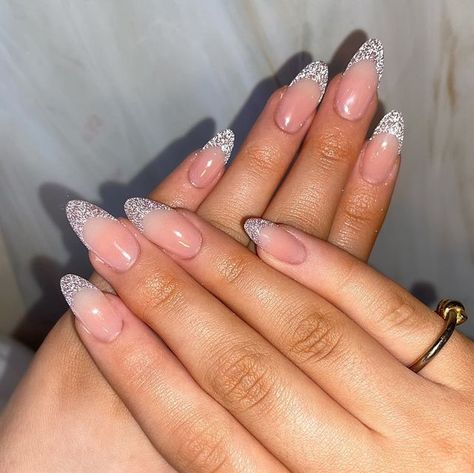 Ella May Dandridge on Instagram: "Reflective glitter will never get old 😍 DM to book x #nails #nailart #nailinspo #acrylicnails #reflectivenails #glitternails #almondnails #glitterfrench #nailsessex #essexnails #essexnailtech" Reflective French Tip Nails, Reflective Glitter Nails, Glitter French Tip, Reflective Nails, X Nails, Glitter French Tips, Short Square Acrylic Nails, Almond Nail, Gel Tips