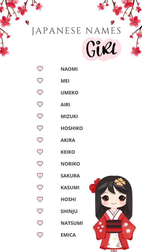 Printable Lists Of Japanese Names for Girls Common Japanese Names, Cute Names In Japanese, Beautiful Japanese Names And Meanings, Names For Girls Unique Japanese, Japanese Name Ideas Girl, Beautiful Japanese Girl Names, Japanese Name For Girl, Unique Names For Girls With Meaning, Asian Last Names