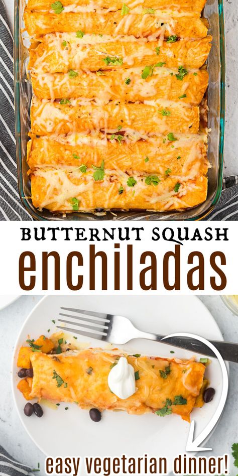 Butternut Black Bean Enchiladas, Butternut Squash And Black Bean Enchiladas, Butternut Squash Wrap, Black Beans And Butternut Squash, Butternut Squash And Black Bean Recipes, Butternut Squash Black Bean Enchiladas, Fall Meatless Meals, Whole Food Recipes Snacks, Butternut Squash And Black Beans