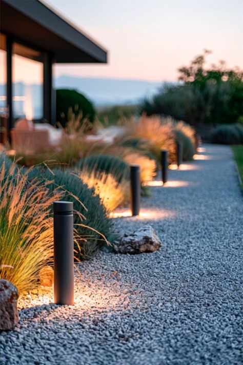 Outdoor Lighting Backyard, Front Garden Lighting, Drive Way Entry Way Ideas, Front Yard Garden Design Ideas, Path Way Design, House Exterior Lighting Ideas, Elevation Lights, Front Yard Lighting Ideas, Driveway Garden Ideas