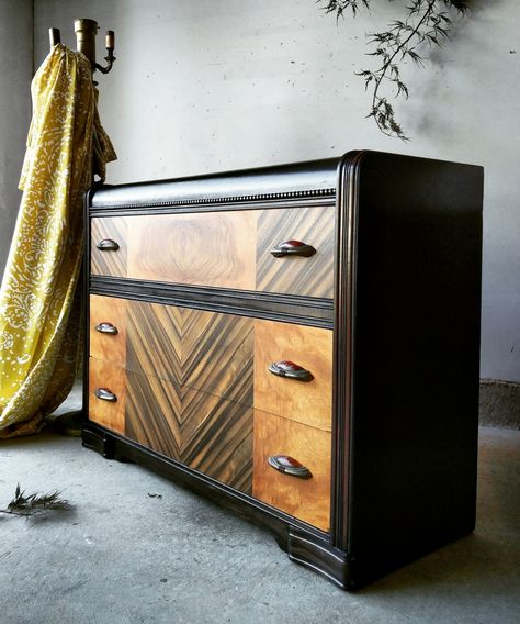 This is the first time I tried GF gel stain in black. It's a super dark and rich color. I applied it in broad thick strokes using a paper towel. I used a loose gestural motion in the application. The end result is a subtle yet dramatic texture on the surface of this art deco dresser. The drawer fronts were sanded to the raw veneer and sealed with GF High Performance Topcoat in satin. Waterfall Furniture, Art Deco Bedroom Furniture, Gel Stains, Waterfall Dresser, Art Deco Dresser, Art Deco Bedroom, General Finishes, Diy Furniture Renovation, Gel Stain