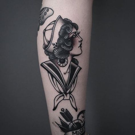 21inkedd | Sailor Girl Tattoo by Tony Nilsson #SailorGirl #traditional #classictattoos #TonyNilsson | Tattoodo Sailor Girl Tattoo, Marine Tattoos, Traditional Sailor Tattoos, Navy Tattoos, Sailor Tattoos, Pin Up Girl Tattoo, Japanese Legs, Sailor Tattoo, Nurse Tattoo