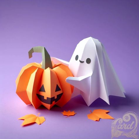 Paper Ghosts Diy, Halloween Paper Pumpkin, Origami Pumpkin Tutorial, Paper Ghost Craft, Ghost Paper Craft, Halloween Card Diy, Origami Halloween Decorations, Origami Ghost, Ocean Kids Crafts