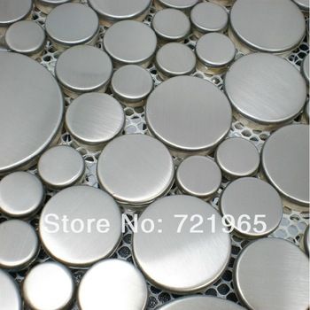 Mosaic Tiles Backsplash, Metallic Tile, Penny Tile Floors, Metallic Wall Tiles, Tiles Backsplash, Metal Mosaic, Mosaic Backsplash Kitchen, Stainless Steel Tile, Metal Mosaic Tiles