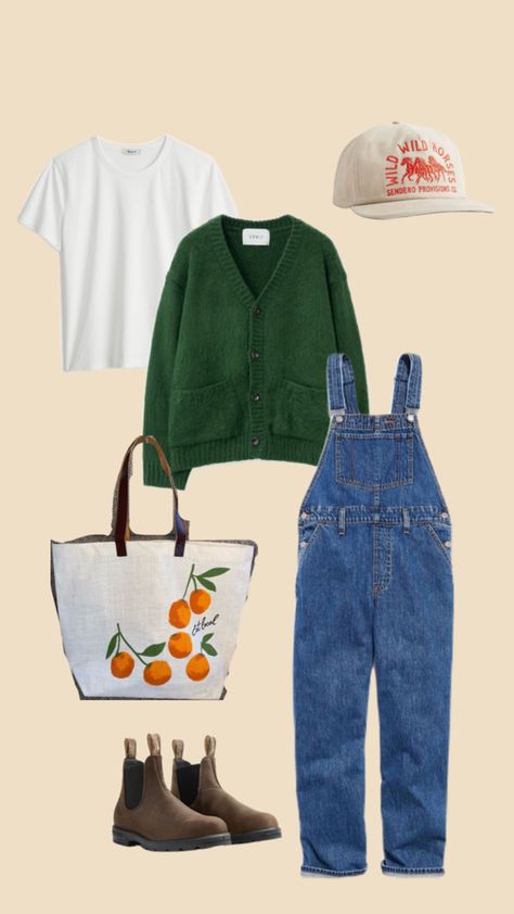 Fall outfits / overalls outfit / blundstones / green cardigan / green sweater / white tee / hat / sendero hat / tote bag / farmers market / Fall San Diego Outfits, Overalls And Sweater Outfit, Fall Farmers Market Outfit, Fall Outfits Overalls, Overall Outfit Fall, Fall Overalls Outfit, Fall Overall Outfits, Green Overalls Outfits, Overalls Outfit Fall