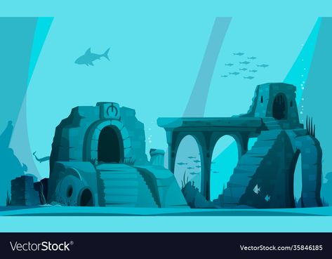 Atlantis Cartoon, Atlantis Illustration, Atlantis Aesthetic, Bridge Drawing, Underwater Landscape, Light Cartoon, Beams Of Light, Underwater City, Ancient Ruins