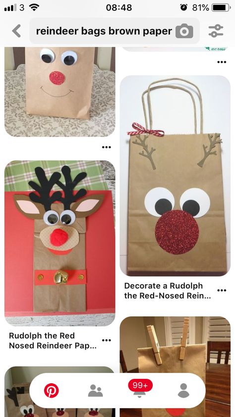 Decorate a brown paper bag to make it resemble Rudolph! Paperbag Reindeer Paper Bags, How To Decorate Paper Bags, How To Decorate A Paper Bag, Decorating Brown Paper Bags, Reindeer Bags Brown Paper, Decorate Brown Paper Bag For Christmas, Brown Paper Bag Crafts, Oshc Activities, Diy Gifts Paper