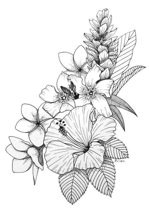 Hawaiian Flower Template, Hawaii Flower Tattoos, Hawaii Drawing, Daydream Art, Tropical Flower Tattoos, Hawaiian Flower Tattoos, Plumeria Tattoo, Hawaii Tattoos, Line Art Tattoo