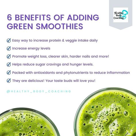 Sure, here is a draft for your Instagram post highlighting the six benefits of green smoothies: — 🌿 **6 Benefits of Green Smoothies!** 🌿 1. Easy Way to Increase Protein & Veggie Intake Daily🥦🍎 - Boost your daily dose of essential nutrients effortlessly! 2. Increase Energy Levels⚡️ - Feel more vibrant and energized throughout the day. 3. Promote Weight Loss, Clearer Skin, Harder Nails, and More!🌟 - Achieve your wellness goals with these powerful benefits. 4. Helps Reduce Sugar Craving... Benefits Of Green Smoothies, Green Smoothie Benefits, Reduce Sugar Cravings, Body Coach, Increase Energy Levels, Clearer Skin, Hard Nails, Easy Smoothies, Sugar Cravings