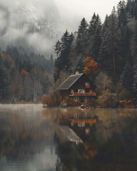 Norway Mansion, Mountain Cabin Aesthetic, Moodboard Art, Misty Trees, Lodge Aesthetic, House In The Mountains, Relaxing Photos, Cabin Mansion, Cabin Aesthetic