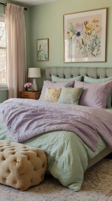 Pastel Color Palette For Bedroom, Soft Color Bedroom Ideas, Light Blue And Lavender Bedroom, Pastel Accent Wall Bedroom, Pastel Green Room Ideas Bedroom, Mint Room Aesthetic, Teen Girl Bedroom Ideas Green, Lavender And Mint Bedroom, Purple And Sage Bedroom