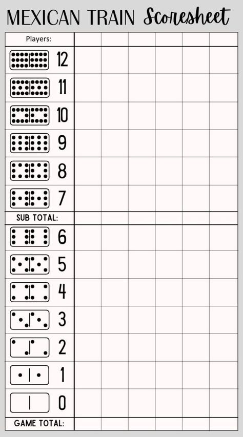 Free Printable Mexican Train Domino Scoresheet PDF Mexican Train Score Sheet Free, Mexican Train Domino Holder, Dominoes Math Games, Mexican Dominoes, Mexican Train Dominoes, Mexican Train, Printable Board Games, Free Printable Games, Game Rules