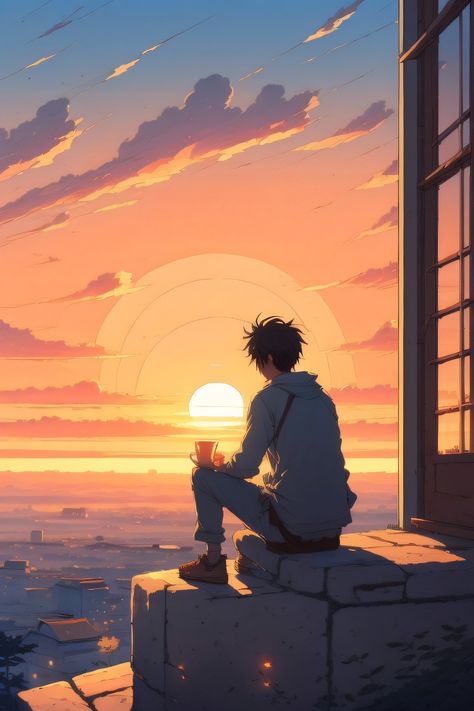 Makoto Shinkai Art, Sunrise Anime, Sitting On A Ledge, Beautiful Anime Art, Looking At The Sunset, Anime Sunset, Mellow Vibes, Anime Lofi, Lofi Art