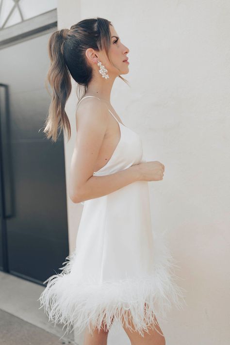 Shower Dress For Bride, Slip Dress Mini, Untamed Petals, Bridal Shower Outfit, Bachelorette Outfits, Bridal Shower Dress, Bridal Event, Feather Trim, Silk Slip Dress