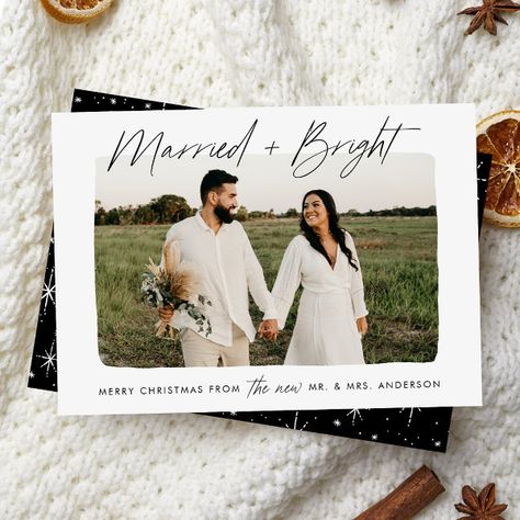 Married and Bright Black Script Photo Holiday Card Digital Christmas Cards, Newlywed Christmas, Christmas Pregnancy Announcement, Married Christmas, Sparkling Stars, Holiday Wedding, Wedding Announcements, Star Pattern, Holiday Photo Cards