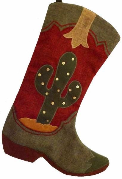 Kick up the cute with this cowboy boot stocking. Warm country western colors and rustic textured fabric give it plenty of style and the saguaro cactus gives it personality. The reverse side is a flat Cowboy Boot Stocking, Cowboy Boot Christmas Decor, Felt Cowboy Boot Ornament, Western Colors, Cowboy Boot Christmas Stocking Pattern, Cowgirl Boot Christmas Stocking, Cowboy Boot Christmas Stocking, Country Christmas Decor, Stocking Pattern Free