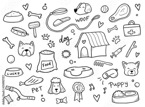 Stock Image: Hand drawn set of dog and pet accessories elements: bone, food, leash. For the design of dog themes: training, caring, grooming a dog. Doodle sketch style vector illustration. Doodling Ideas, Dog Doodle, Dog Accesories, Dog Clip Art, Dog Line Art, Pet Logo, Puppy Drawing, Dog Line, Doodle Icon