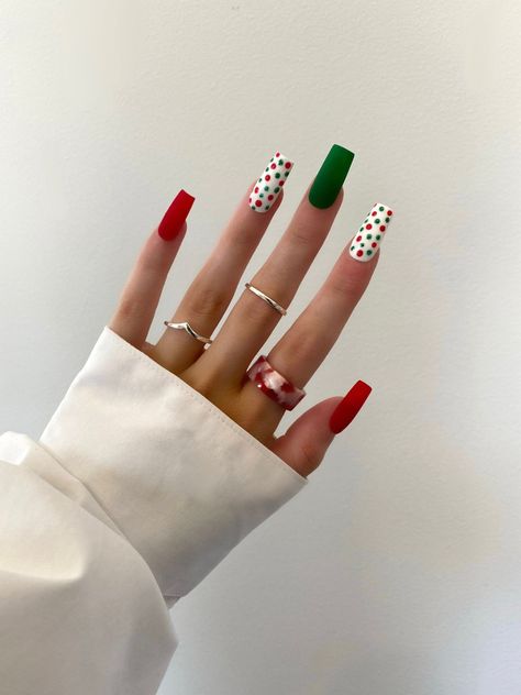 Christmas Nails Red - HurryDon't miss out these great products. Winter Nails2022, Pokadot Nails Christmas, Abstract Christmas Nail Art, Christmas Nails￼, Christmas Present Nails Design, Christmas Day Nails, Simple Holiday Nail Designs, Christmas Nails Polka Dots, Simple Grinch Nails Acrylic