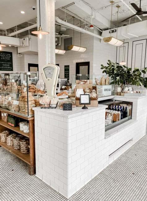 Modern Bagel Shop, Its Complicated Bakery, Modern Bakery Design, Bakery Seating, Black And White Bakery, Bistro Interior Design, Coffee House Interiors, Brick Cafe, Modern Bakery