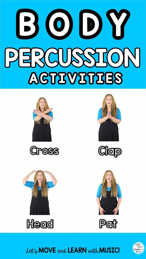 Let’s get moving with some body percussion activities.  Body Percussion activities are fun, teach beat, rhythm and keep hands, eyes, feet, busy! They are great workouts for any age as well! Get the fun lesson ideas from Sing Play Create! Body Percussion Activities, Body Percussion For Kids, Music Kindergarten, Kodaly Songs, Orff Activities, Music Education Games, Orff Music, Music Activities For Kids, General Music Classroom