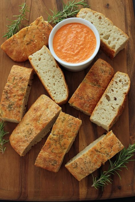 No Knead Focaccia with Roasted Red Pepper, Feta and Walnut Dipping Sauce Foccacia Bread Dipping, Foccacia Bread Dip Recipes, Focaccia Bread Dipping Sauce, Focaccia Bread Dips, Focaccia Dipping Sauce, Dipping Sauces Recipes, Focaccia Bread, Vegan Bread, Savoury Baking