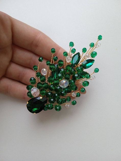 Emerald hair piece will be a great addition to the wedding look of the bride, bridesmaids, flower girls.  A small green hair piece is created from crystal beads and rhinestones. The basis of the hair accessory is a metal clip, it is firmly held on the head. Emerald hair pin looks great in the side of the hair, it can pick up a curl of hair or decorate the half ban. Length green hair clip about 3.5 inches. Great gift for bridesmaids!  Emerald hair accessory are packaged in individual gift boxes. ANY combination of crystal rhinestones and beads! Just email me :) * All orders from the Exclusive Wedding Shop you will receive in a FREE beautiful gift box. * Standard shipping: - USA: 12-15 business days - Europe: 3-5 weeks - Canada: 6-10 weeks - Australia: 6-10 weeks - Rest of World: 4-10 weeks Emerald Hair Pin, Emerald Hair Piece, Green Hair Piece, Emerald Green Hair, Bridesmaids Accessories, Emerald Hair, Dance Hairstyles, Bridesmaid Accessories, Wedding Hair Pins