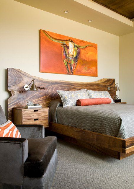 Longhorn Painting, Live Edge Headboard, Modern Rustic Bedrooms, Rustic Farmhouse Bedroom, Head Boards, Rustic Bedroom Design, Rustic Bedroom Furniture, Rustic Sofa, Rustic Bedroom Decor