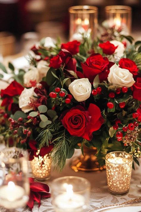 Christmas Party Round Table Decor, Holiday Party Floral Centerpieces, Classy Christmas Wedding Decor, Elegant Christmas Table Centerpieces, Annapolis Christmas, Round Table Christmas Centerpieces, Christmas Floral Centerpieces, Centerpieces For Round Tables, Christmas Engagement Party