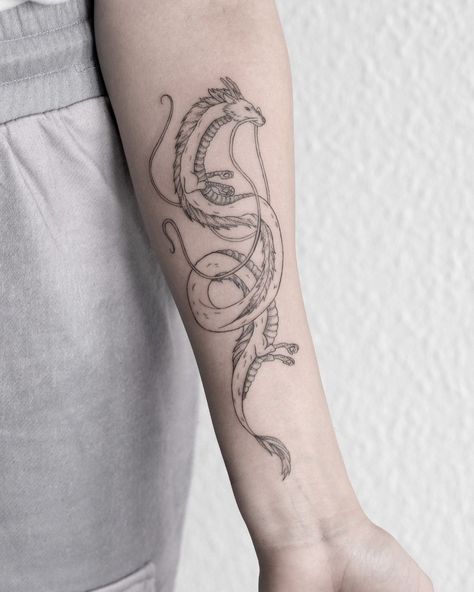 Spirited Away Haku a little same but different to the one I did years ago 🐉 . #Dragontattoo #Dragon #Tattoo #LineArt #ArmTattoo… | Instagram Haiku Dragon Tattoo, Haku Arm Tattoo, Haku Spine Tattoo, Dragon Lineart Tattoo, Haku Tattoo Arm, Simple Chinese Dragon Tattoo, Haku Tattoo Design, Ghibli Haku, Haku Dragon Tattoo