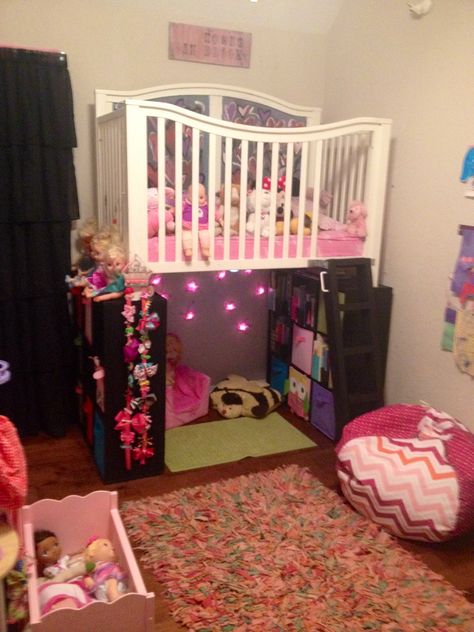 DIY Toddler Loft Bed. Two nine cube bookshelves reinforced with L-brackets and plywood. A crib bolted in and slats cut out where the ladder goes. Diy Toddler Loft Bed, Loft Bed For Toddler, Toddler Loft Bed Ideas, Toddler Loft Beds, Diy Toddler Bed, Toddler Bunk Beds, Pink Diy, Diy Toddler, Toddler Rooms