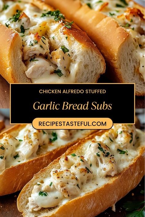 Indulge in these delicious Chicken Alfredo Stuffed Garlic Bread Subs, featuring tender grilled chicken smothered in creamy Alfredo sauce, all nestled in buttery garlic bread. Perfect for a hearty meal any day of the week! Stuffed Garlic Bread, Chicken Subs, Chicken Smothered, Creamy Alfredo Sauce, Grilled Chicken Tenders, Mozzarella Chicken, Hot Sandwich, Supper Recipes, Delicious Chicken