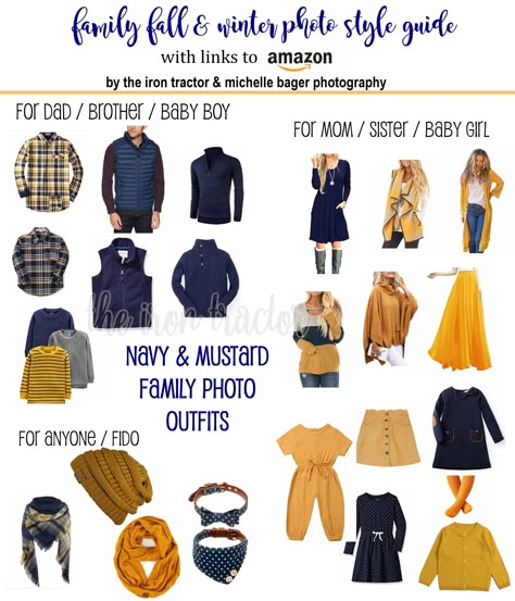 Navy Family Photo Color Scheme, Mustard Yellow Outfit Family Pictures, Family Navy Outfits For Pictures, Navy Family Pictures Outfits Fall, Navy And Khaki Family Pictures, Navy Blue And Gold Family Pictures Outfits, Fall Coordinating Family Outfits, Color Coordinated Family Pictures Fall, Navy And Gold Family Pictures Outfits