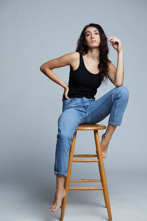 Stool Modeling Poses, Bar Stool Photoshoot, Barstool Poses, Stool Poses Photography, Stool Poses, Female Modeling Poses, Denim Editorial, Studio Poses, Studio Photography Poses