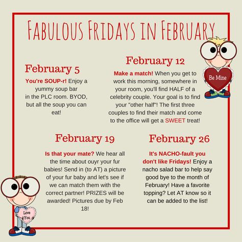 Fun Friday Work Ideas, February Employee Appreciation Ideas, January Staff Morale Boosters, Social Committee Ideas Office, Spirit Committee At Work, Boosting Morale At Work, Teacher Morale Boosters Ideas High School, February Sunshine Committee Ideas, Teacher Morale Boosters Free Printables