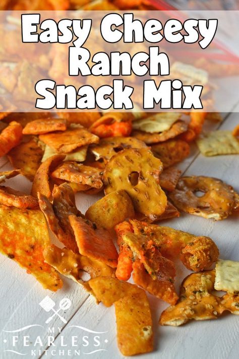 Easy Cheesy Ranch Snack Mix from My Fearless Kitchen. Snack mixes are so much fun to make - and to eat! Where else can you grab a little bit of all your favorite things, mix them together, and call it a recipe? This Easy Cheesy Ranch Snack Mix is exactly what it sounds like, and your whole family will love it! #recipes #snackmix #cheese #ranch #crackers Cheesy Chex Mix, Cheesy Snack Mix, Cheesy Ranch Chex Mix, Ranch Chex Mix Recipes, Ranch Chex Mix, Ranch Crackers, Beer Snacks, Cheesy Ranch, Cheesy Snack