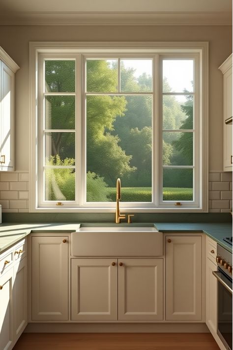 White kitchen with large window and garden view Kitchen Cabinet Next To Window, Kitchen All Windows, Kitchen Windows Above Sink, Big Kitchen Window, Window Over Kitchen Sink, Window Above Sink, Over Kitchen Sink, Above Kitchen Sink, Connected To Nature