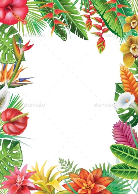 Convite Heliconia Illustration, Tropical Plants And Flowers, Plants Arrangement, Tropical Arrangements, Summer Template, Plants Vector, Summer Frame, Botanical Bouquet, Tropical Frames