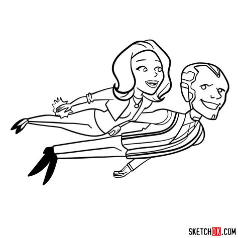 How to draw Wanda and Vision cartoon style Wanda Vision Drawing, Wanda And Vision Tattoo, Wandavision Cartoon, Wanda Maximoff Drawing Easy, Wanda Vision Tattoo, Wandavision Drawing, Wanda Drawings, Marvel Sketchbook, Marvel Sleeve