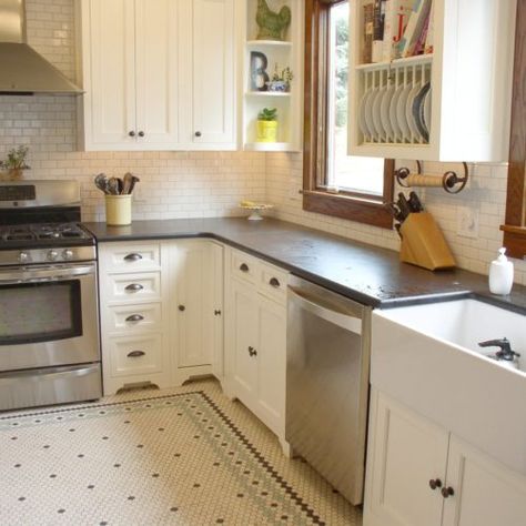 Hex tile in kitchen 1920s Tile Kitchen, Vintage Floor Tile Kitchen, Antique Kitchen Floor, Craftsman Kitchen Tile Floor, Vintage Kitchen Flooring, Kitchen Penny Tile Floor, Craftsman Kitchen Tile, Penny Tile Kitchen Floor, Penny Tile Kitchen