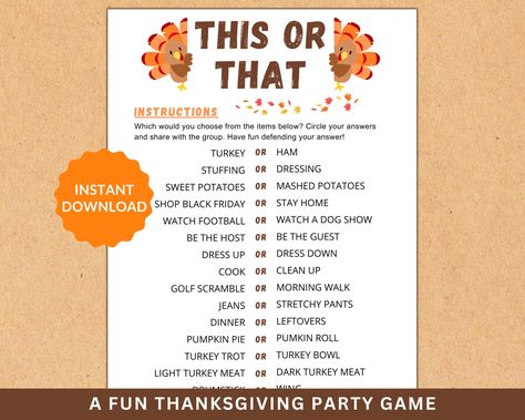 UPGRADE TO THE BUNDLE: https://www.etsy.com/listing/1779006282/thanksgiving-games-fun-thanksgiving?ref=listings_manager_grid Thanksgiving This or That A fun Thanksgiving party icebreaker Make the most of your Thanksgiving with this fun Thanksgiving themed game. Thanksgiving This or That will not only help your guests have fun, but will bring some fun engagement and conversation to your party. This game is super fun, super simple, and works for groups of any size. Great for home, friends, schools Thanksgiving This Or That, Thanksgiving Ice Breakers, Stuffed Mashed Potatoes, Fun Thanksgiving Games, Turkey Bowl, Fall Games, Printable Thanksgiving, Thanksgiving Party, Thanksgiving Games